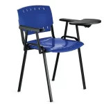Silla plástica fija color azul, con apoyabrazos pupitre.