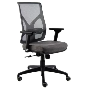 Silla giratoria, apoyabrazos regulables, red en respaldo gris, asiento tapizado gris