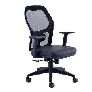 Silla giratoria ergonomica. con apoyabrazos, respaldo con red negra, asiento tapizado gris.