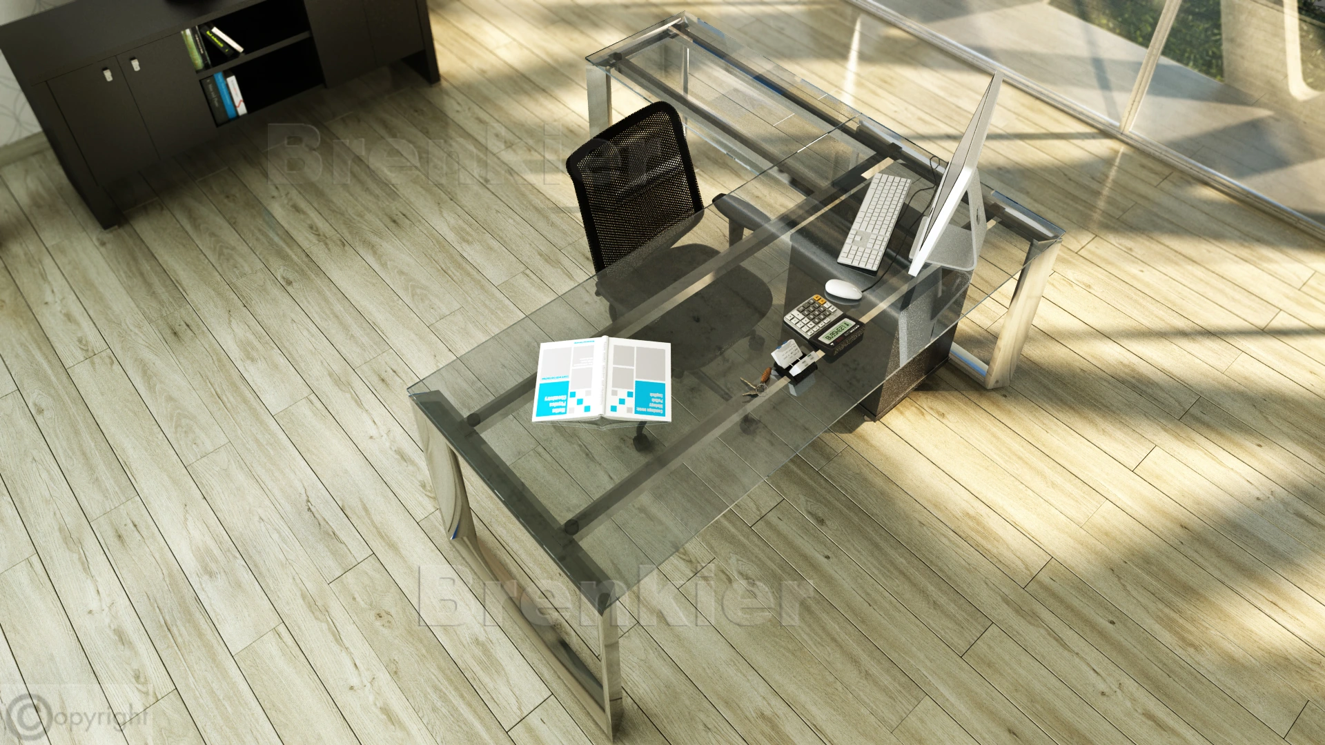 Escritorio Quadra tapa de vidrio transparente y base cromada.