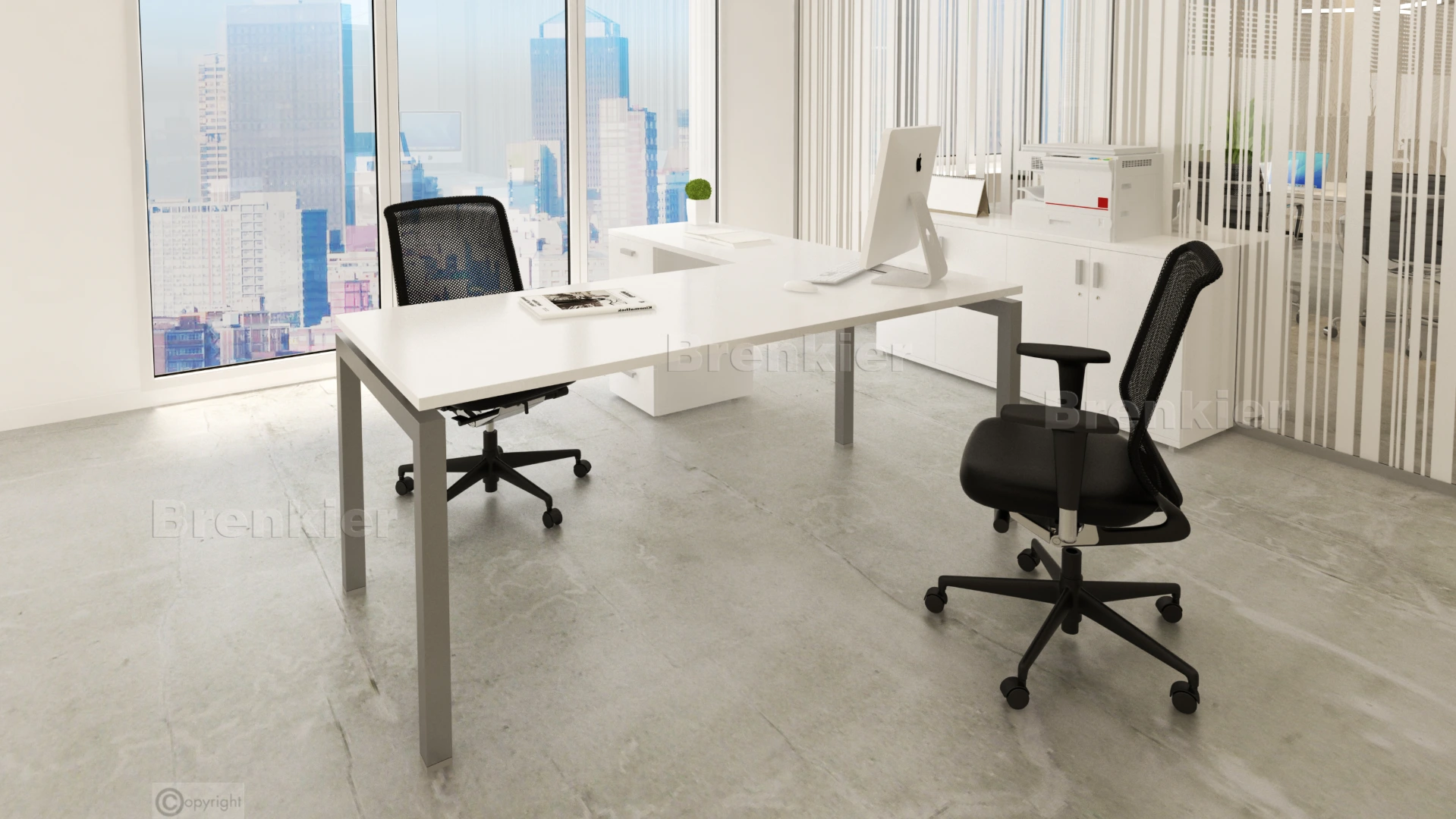 Escritorio y mueble auxiliar blanco con bases metálicas grises
