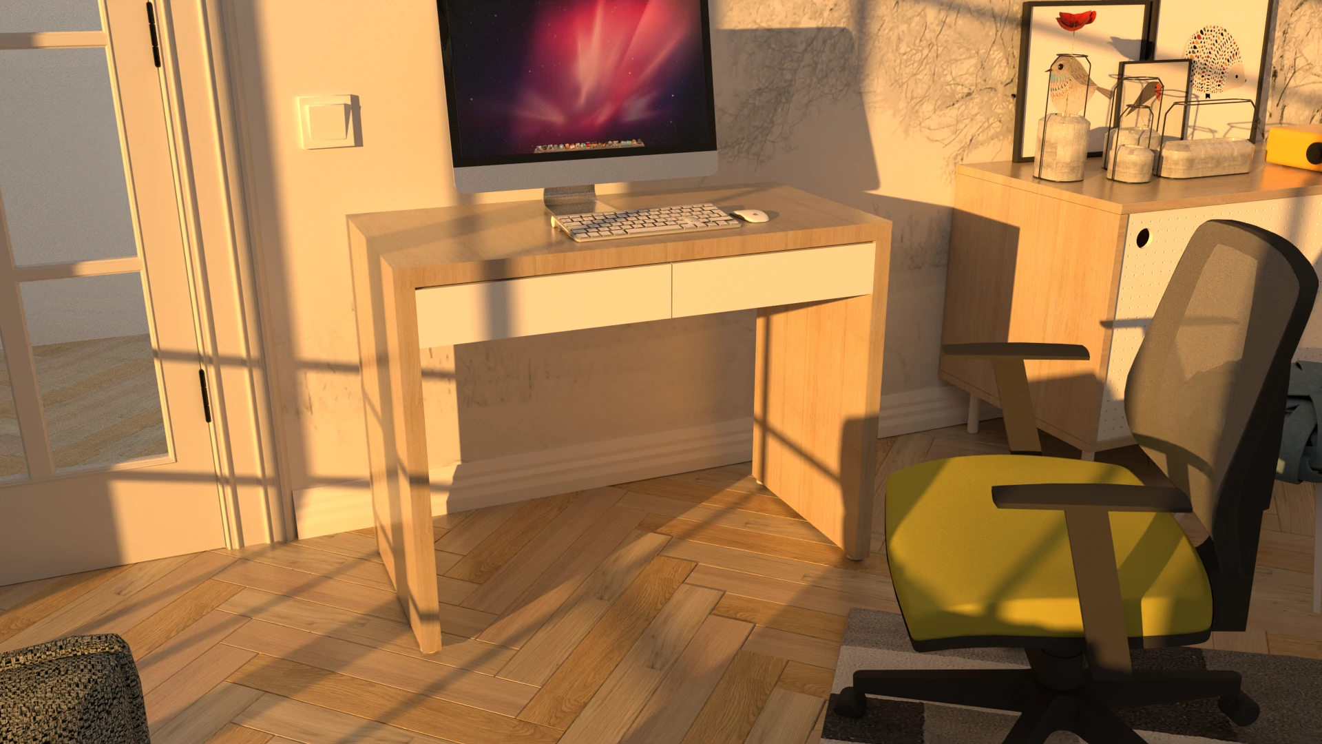 Escritorio con cajonera incorporada en melamina roble americano con frente de cajon blanco.