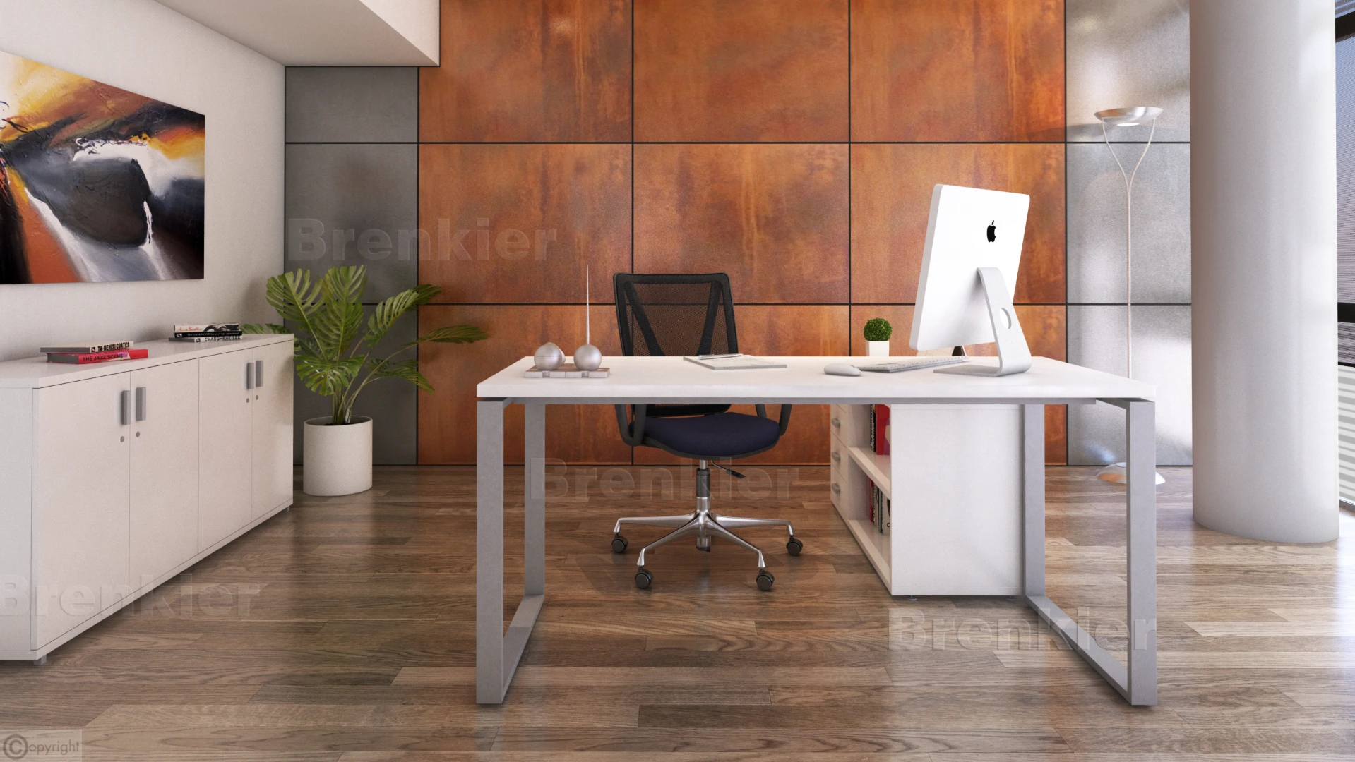 Escritorio Modo tapa blanca y base color gris con mueble auxiliar. vista Frontal.