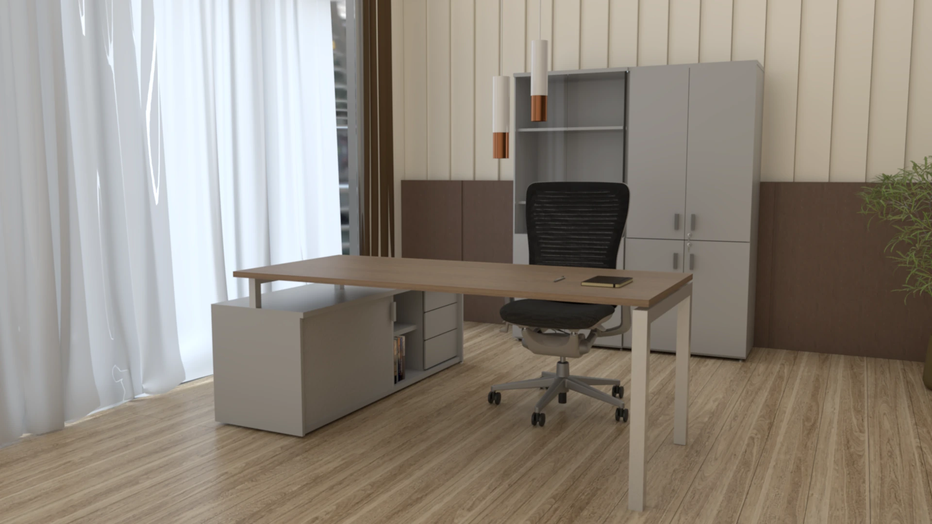Escritorio con extensión línea Pórtico. Tapa simil madera, Muebles auxiliar y base metálica color aluminio