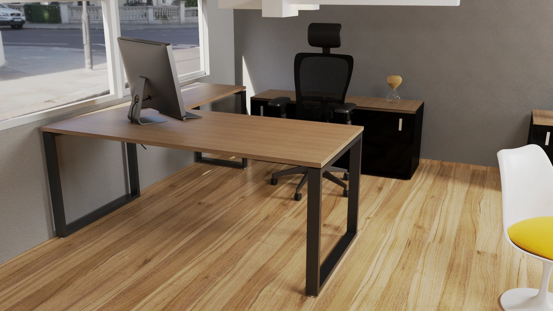 Escritorio Modo tapa simil madera y base color negro con extension. vista Frontal.
