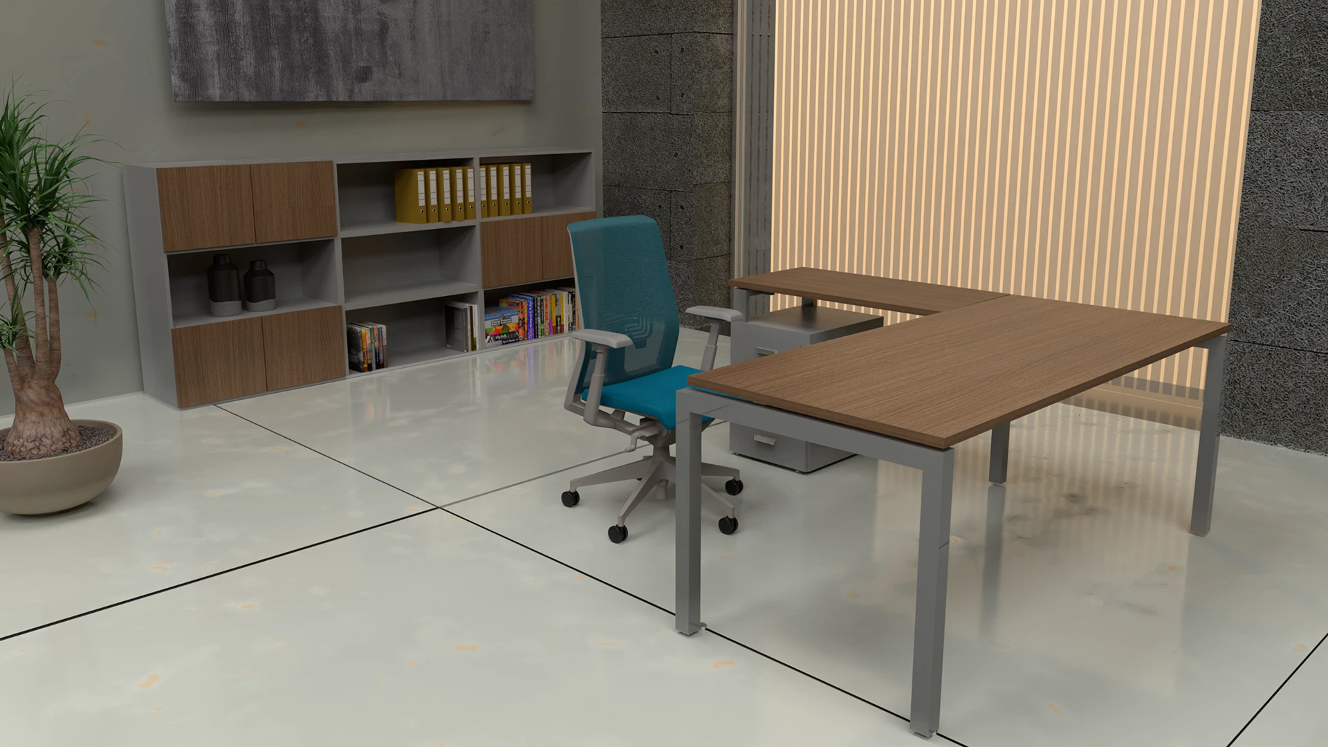 Escritorio con extensión línea Pórtico. Tapa simil madera, base metálica gris