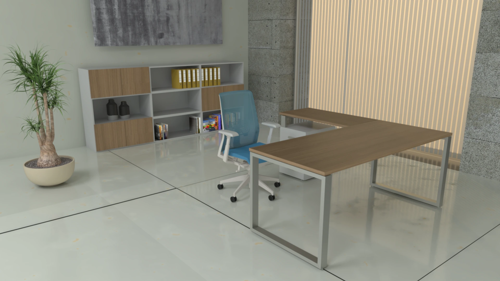 Escritorio Modo con extension tapa simil madera y base pintada color gris