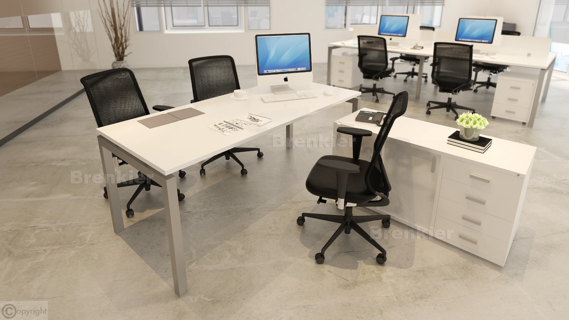 Escritorio y mueble auxiliar blanco con bases metálicas grises
