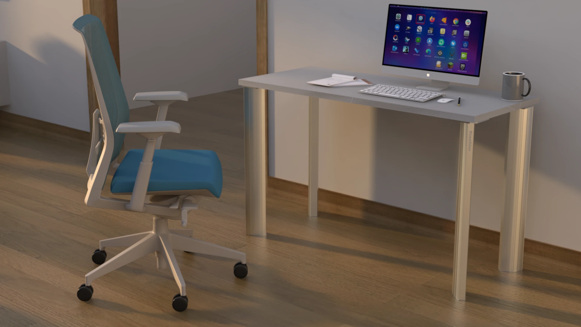 Escritorio con tapa en melamina gris, bases en aluminio anodizado. silla tapizada en color azul