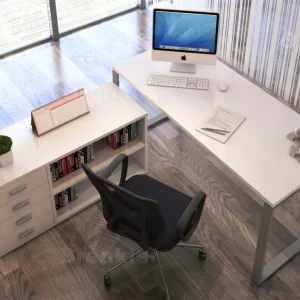 Escritorio Modo tapa melamina y base metalica pintada con mueble auxiliar
