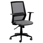 silla giratoria, respaldo en red negro, asiento tapizado en tela gris. Con apoyabrazos integrados.