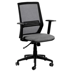 silla giratoria, respaldo en red negro, asiento tapizado en tela gris. Con apoyabrazos integrados.