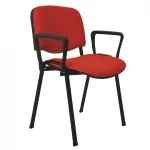 Silla fija, tapizada tela roja, cuatro patas negras. Con apoyabrazos