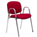 Silla fija, tapizada tela roja, cuatro patas cromadas. Con apoyabrazos estructurales cromados.