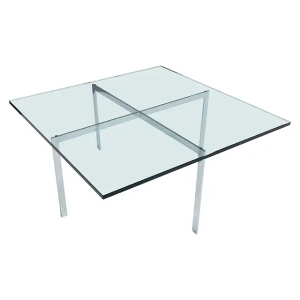 Mesa con base en X cromada y tapa de vidrio.