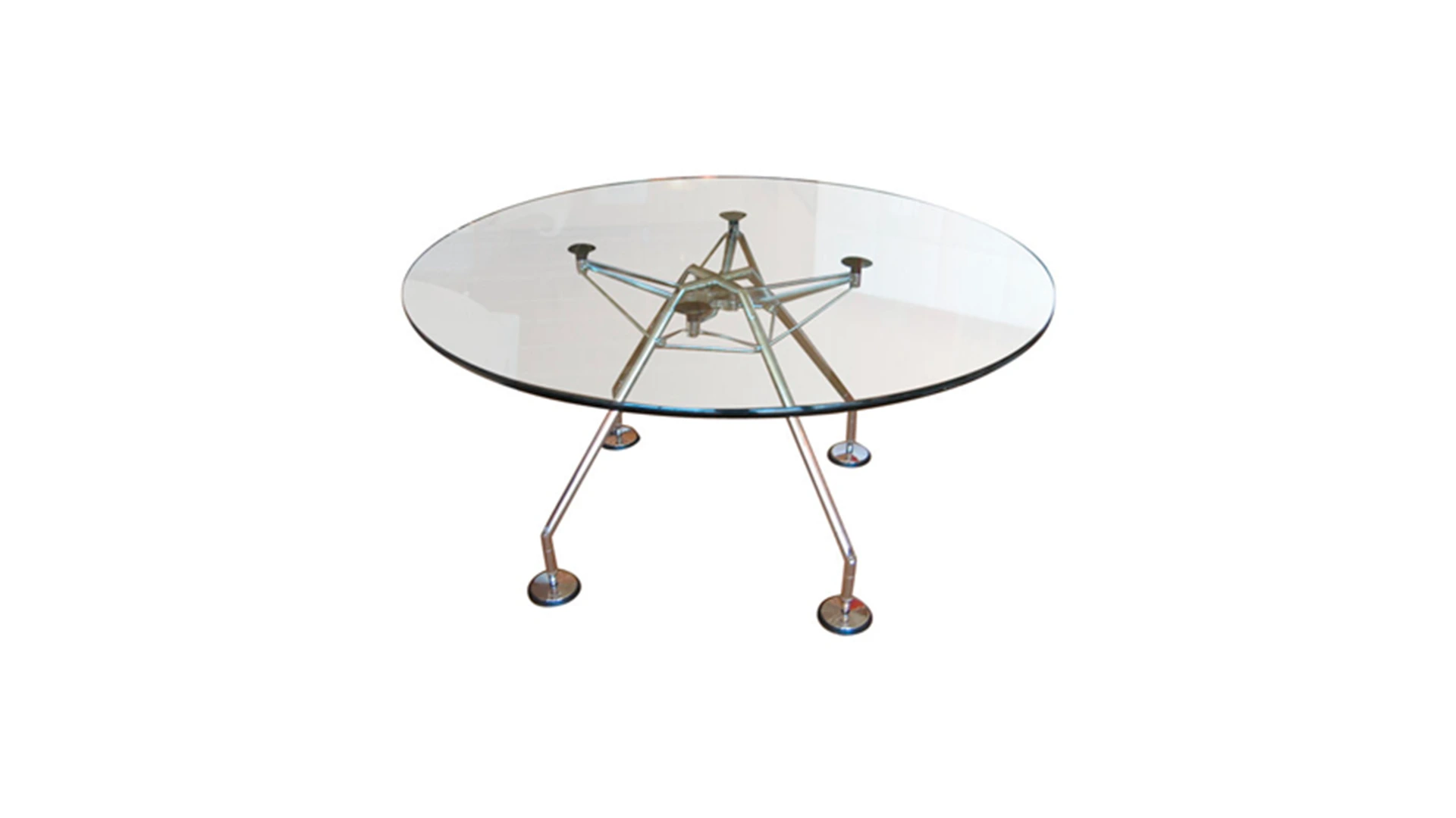 Mesa Spyder circular de vidrio y base metalica. Vista superior