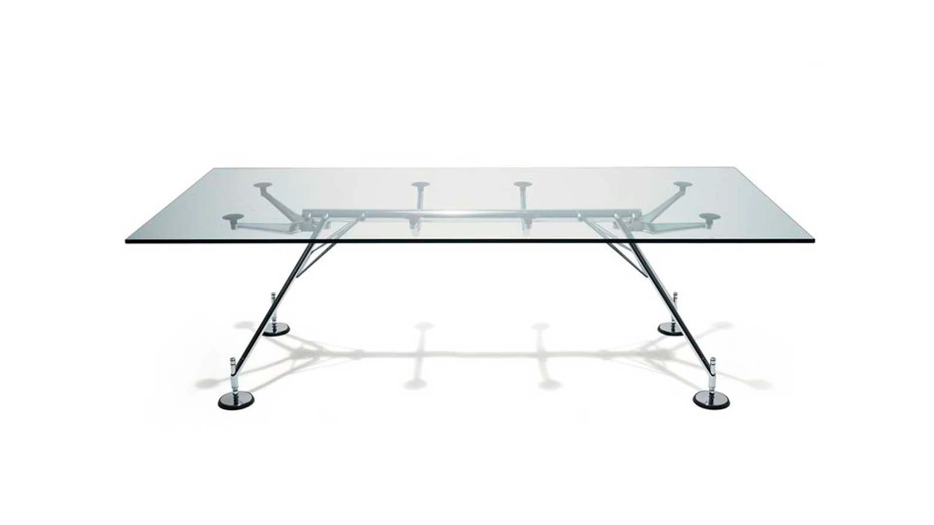 Mesa Spyder rectangular de vidrio y base metalica. Vista lateral