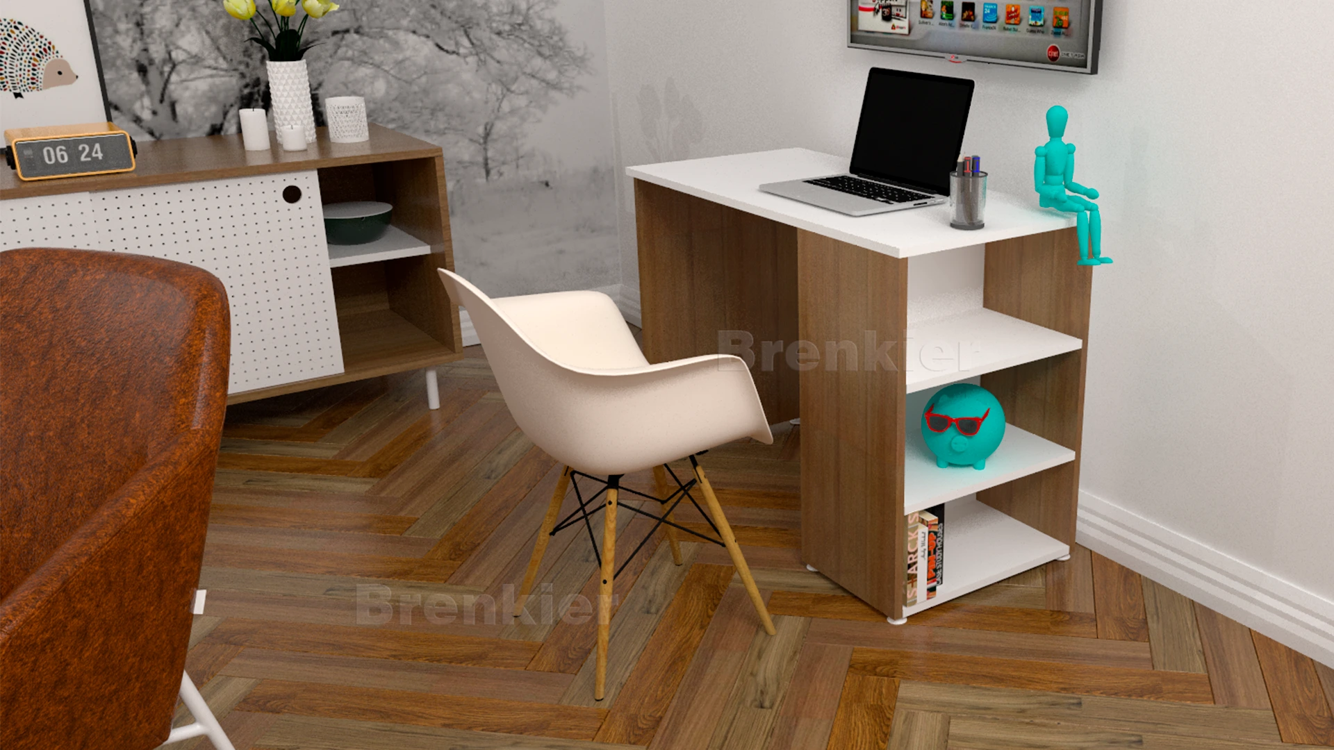 Escritorio en melamina 18mm roble y blanco con biblioteca incorporada