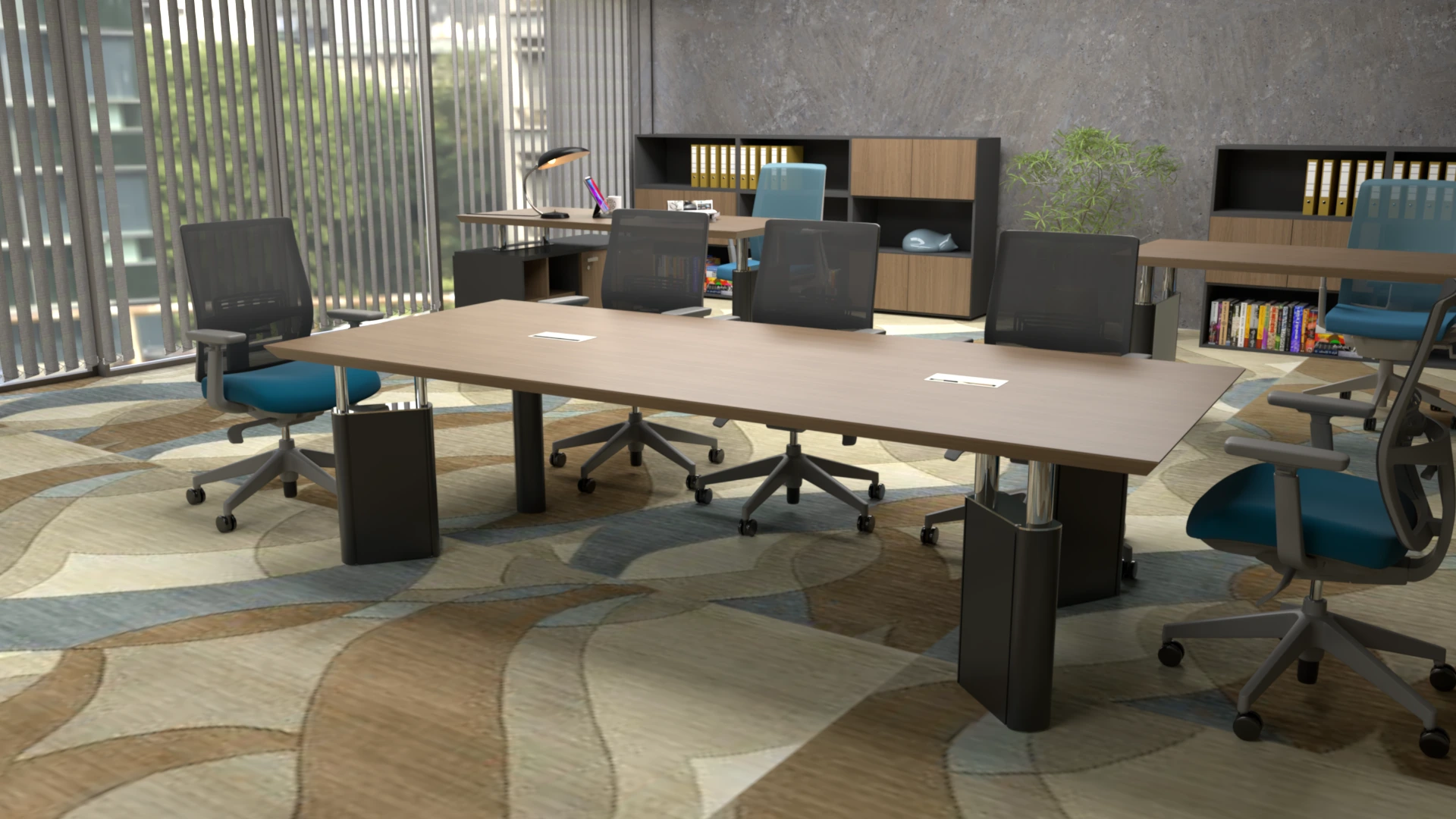 Mesa reunion Bull, simil madera con bases negras con detalles cromados.