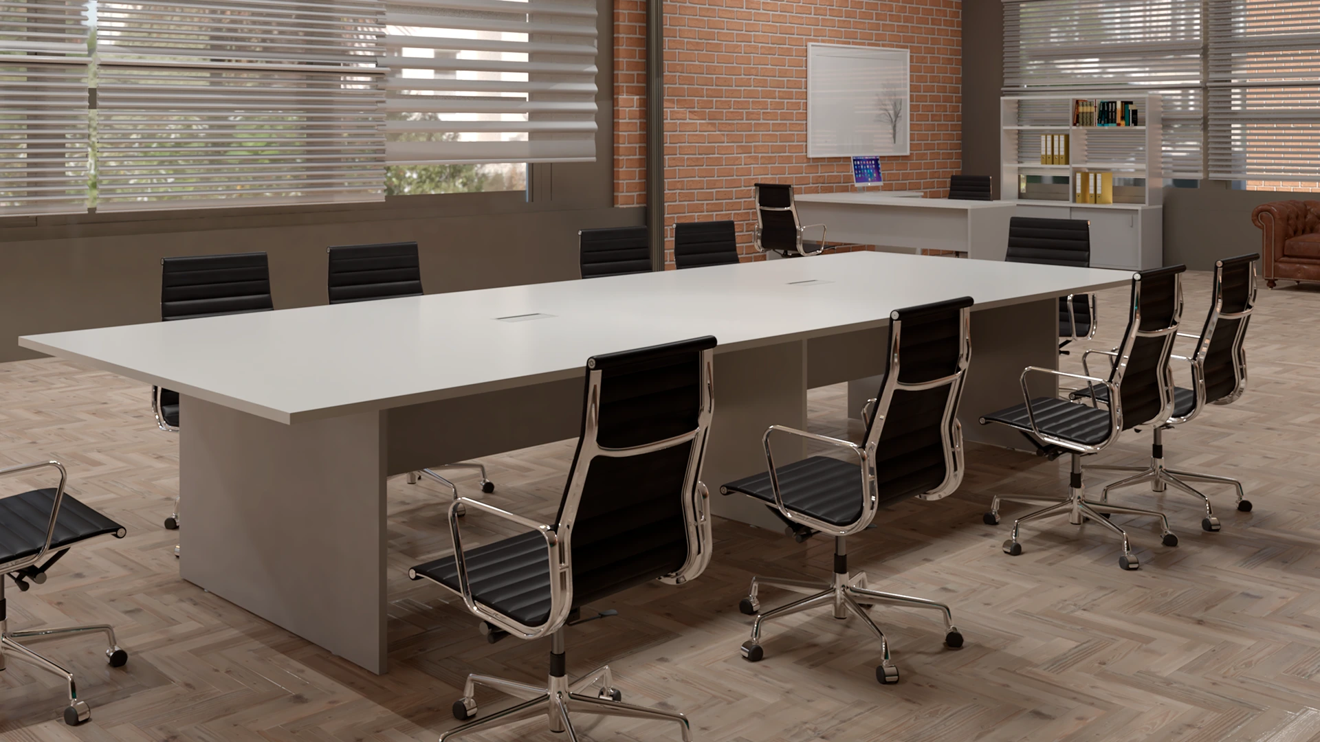 Mesa de reunión L25, melamina ceniza. Base en H
