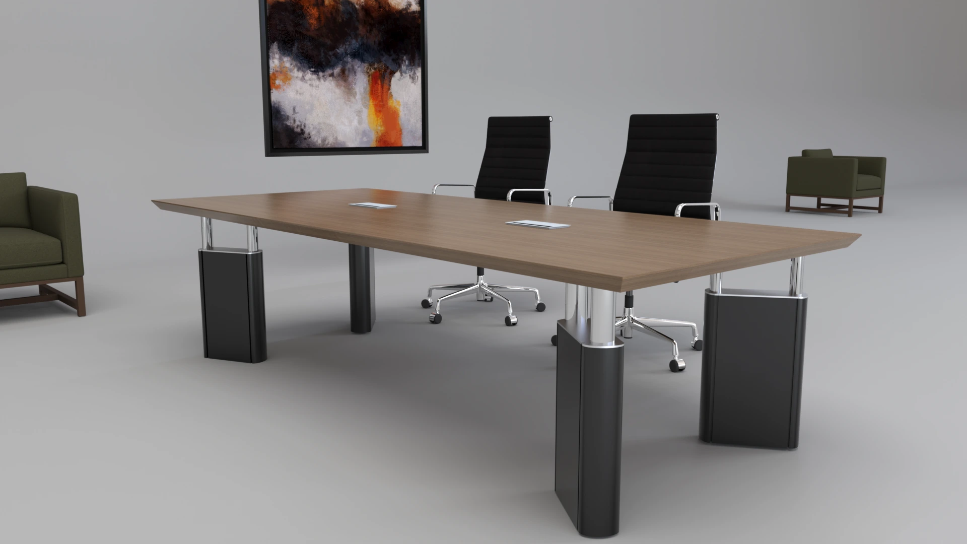 Mesa Bull, tapa simil madera, bases negras con detalles cromados.