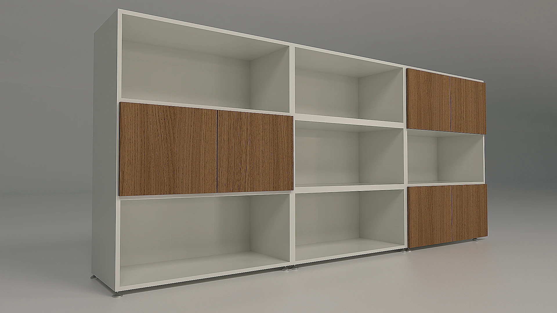 biblioteca abierta componible, color blanco y simil madera