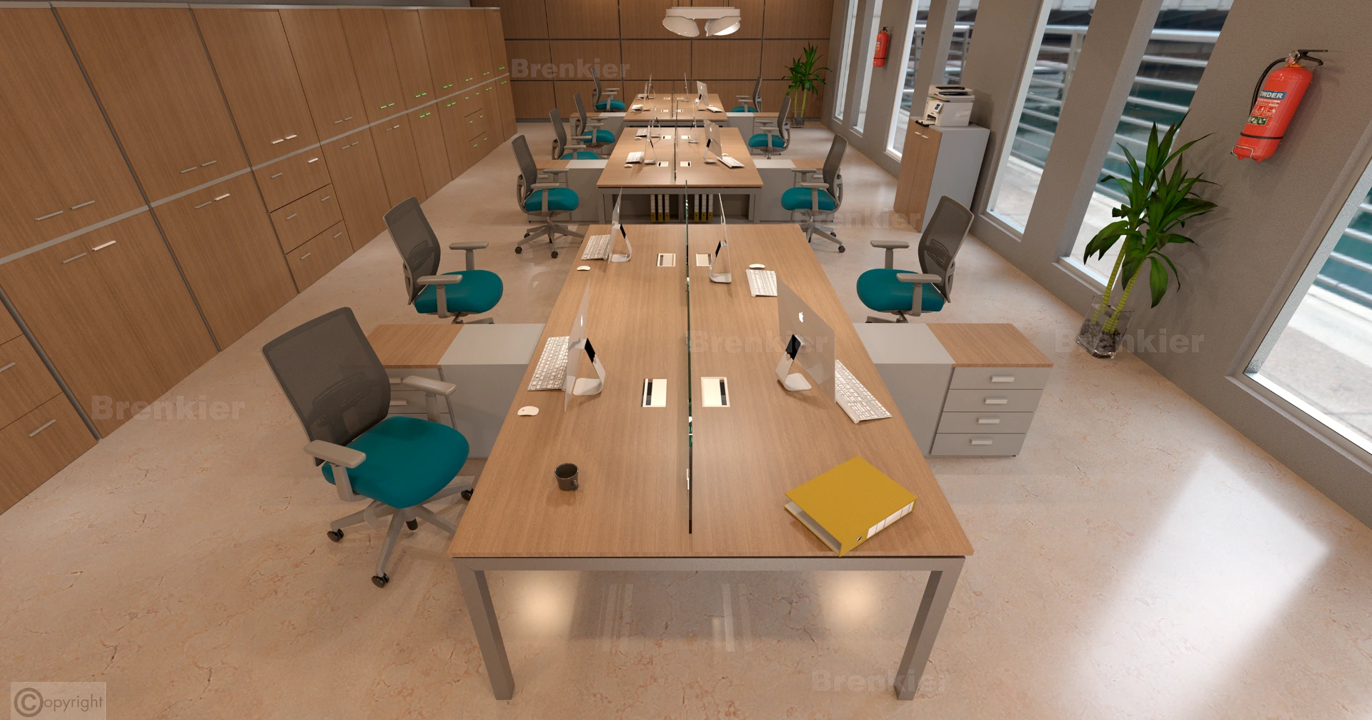 Puesto cuádruple simil madera, base gris con panel divisor vidriado