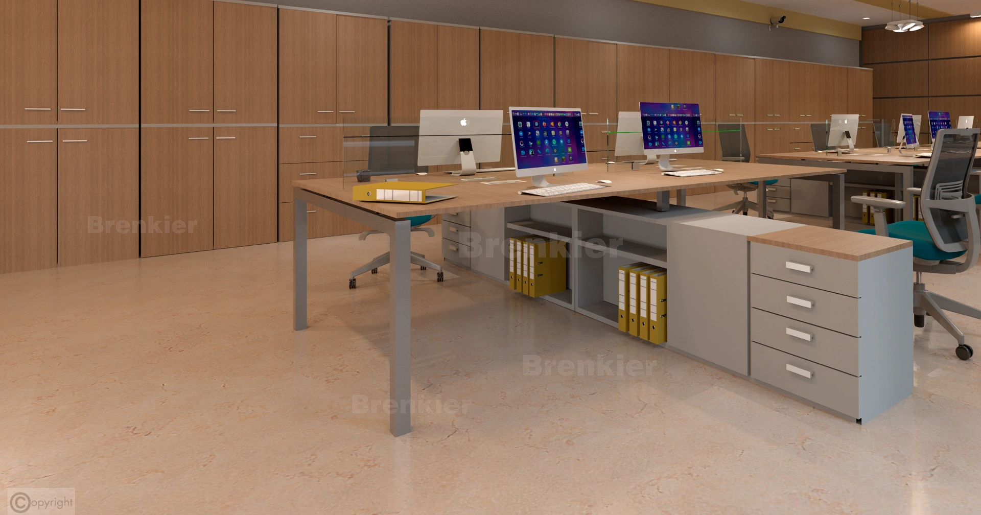 Puesto cuádruple simil madera, base gris con panel divisor vidriado
