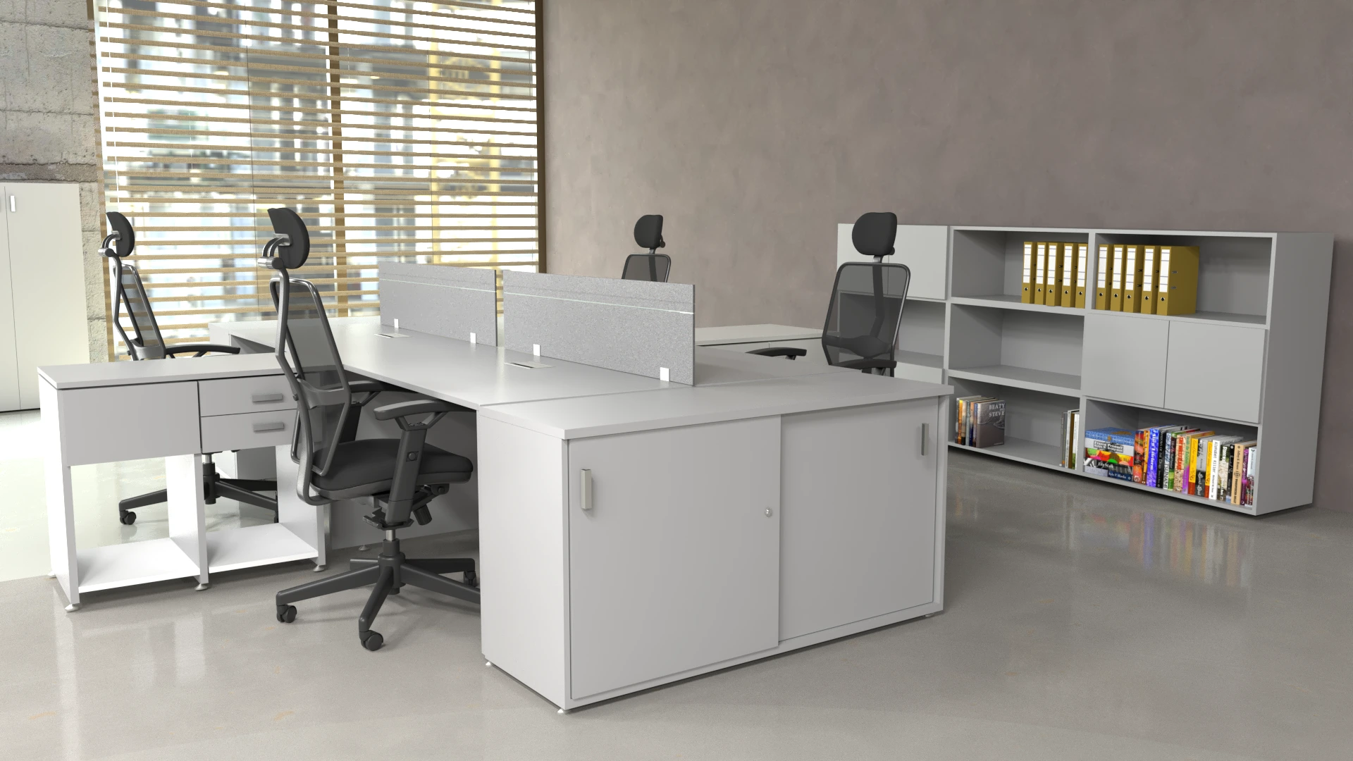 Puesto cuádruple enfrentado con extension y panel divisor color blanco.