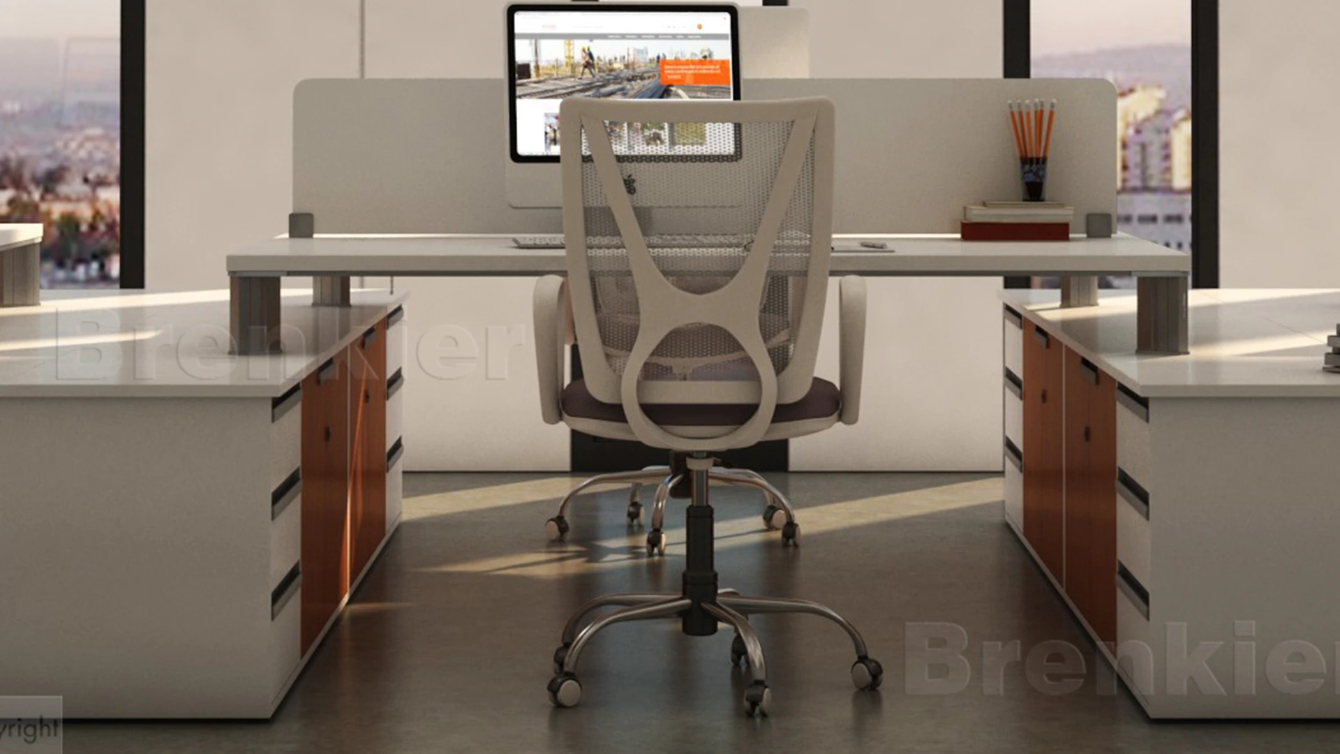 Puesto de trabajo enfrentado doble con mueble auxiliar y panel divisor
