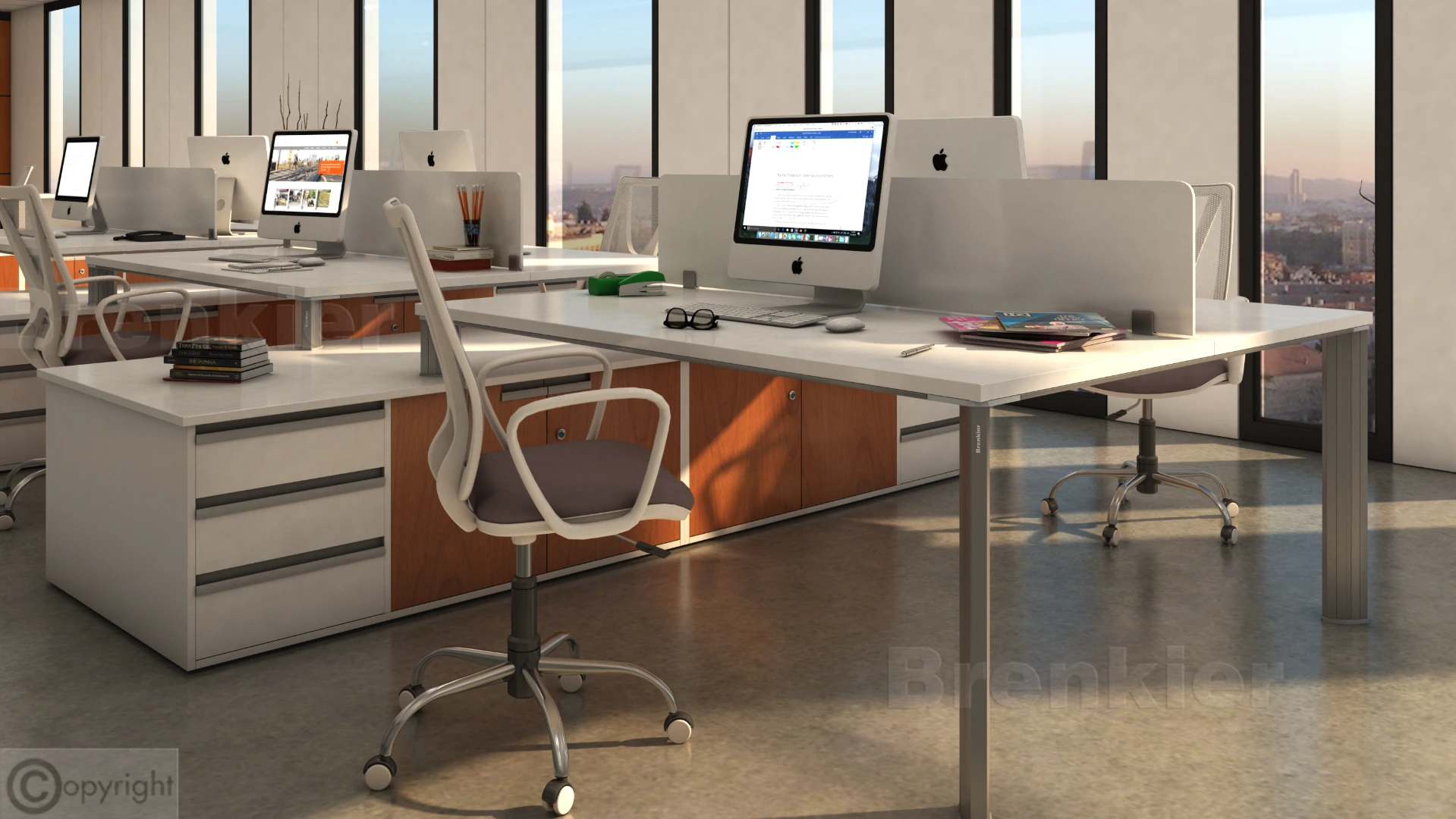 Puesto de trabajo enfrentado doble con mueble auxiliar y panel divisor. Vista lateral