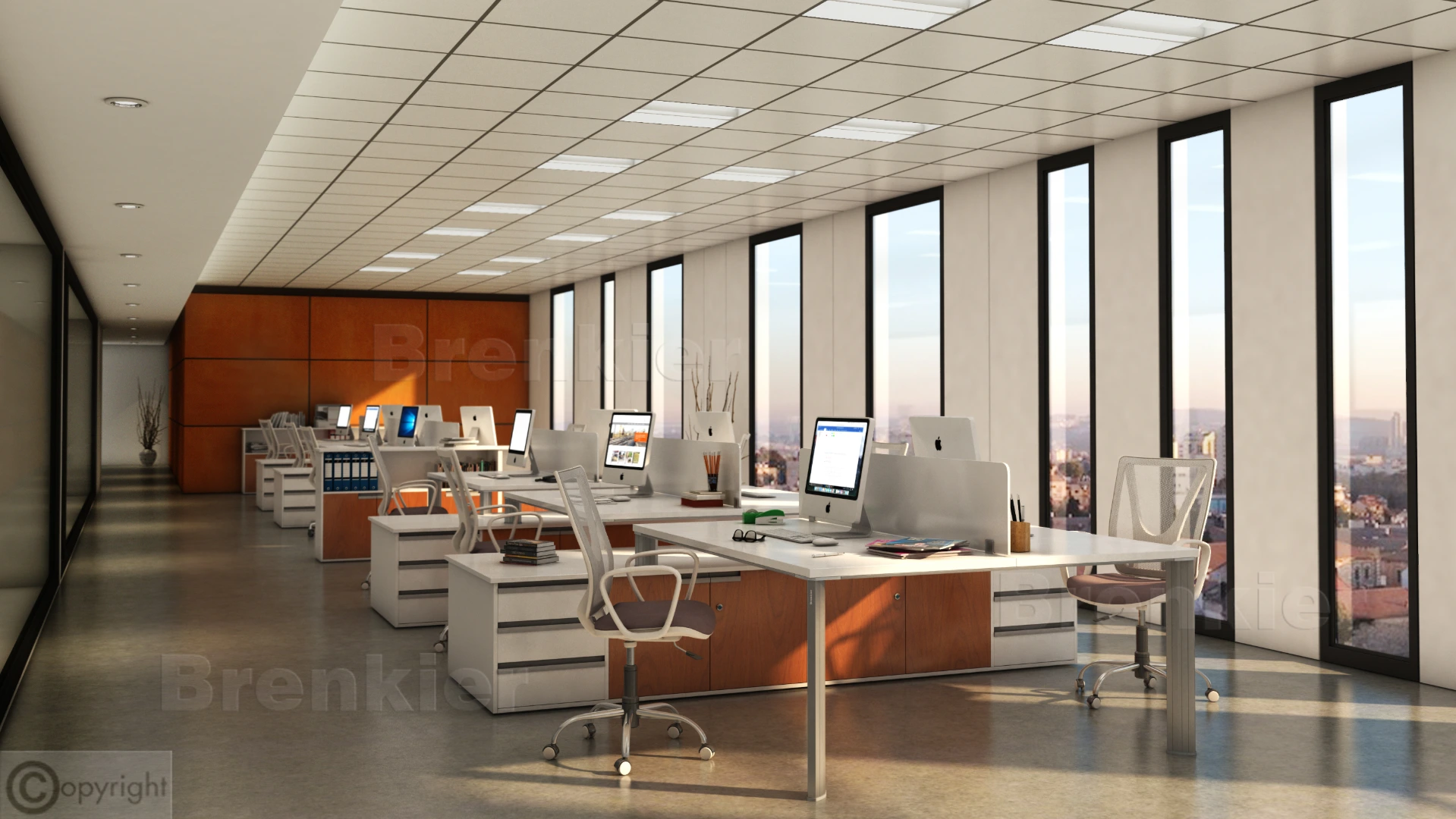 Puesto de trabajo enfrentado doble con mueble auxiliar y panel divisor. Vista lateral ampliada