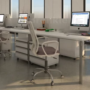 Puesto Ícono enfrentado tapa blanca, panel divisor blanco y base en aluminio anodizado