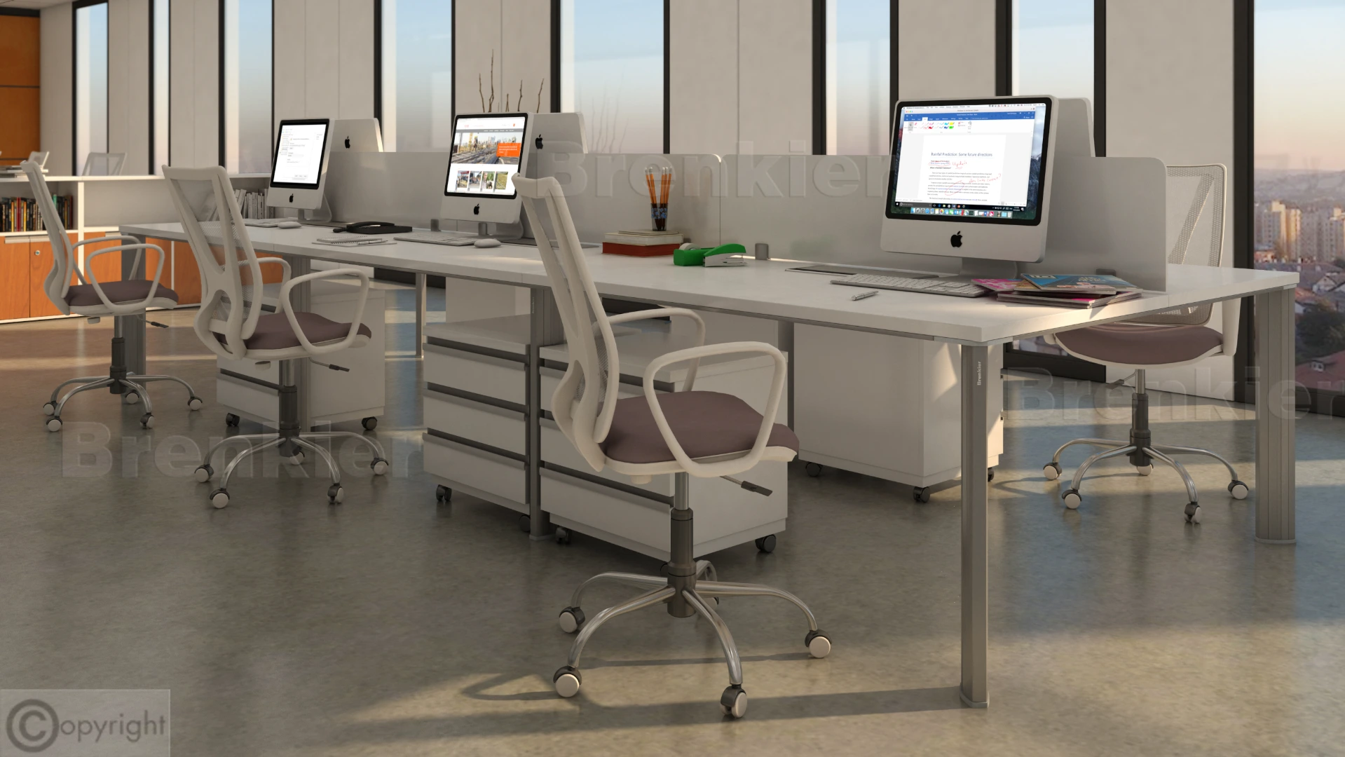 Puesto Ícono enfrentado tapa blanca, panel divisor blanco y base en aluminio anodizado