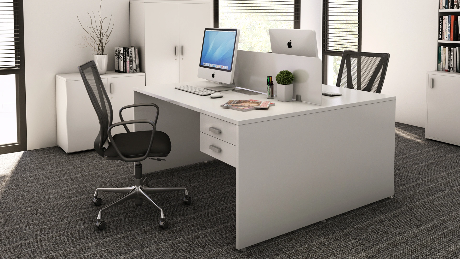Puesto doble enfrentado color blanco, con panel divisor.
