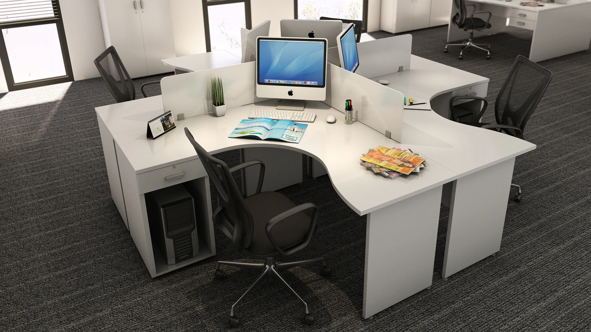 Puesto ergonómico cuádruple con paneles divisores color blanco