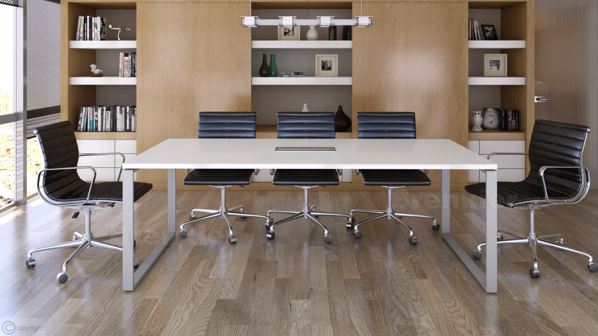 Mesa modo, tapa blanca, base metálica gris