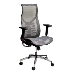 Sillon giratorio, respaldo alto. Respaldo y asiento en red gris. Con apoyabrazos regulables.