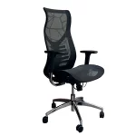 Sillon giratorio, respaldo alto. Respaldo y asiento en red negra. Con apoyabrazos regulables.
