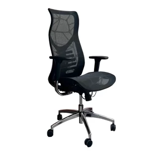 Sillon giratorio, respaldo alto. Respaldo y asiento en red negra. Con apoyabrazos regulables.