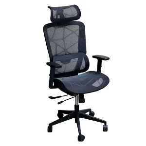 Sillon giratorio, asiento y respaldo en red negra, con apoyabrazos regulables