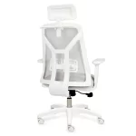 Vista posterior del sillon modelo Milan, estructura plastica blanca. Respaldo en red, asiento tapizado. Apoyabrazos regulables.