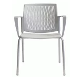 Silla plástica, cuatro patas fijas color gris, con apoyabrazos.